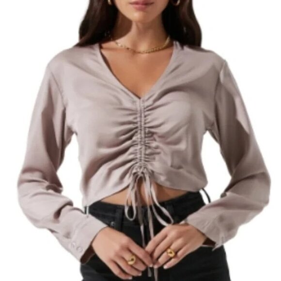 Astr Tops - ASTR the label Satin Ruched Cropped Blouse Mushroom Small New Years Party Shiny